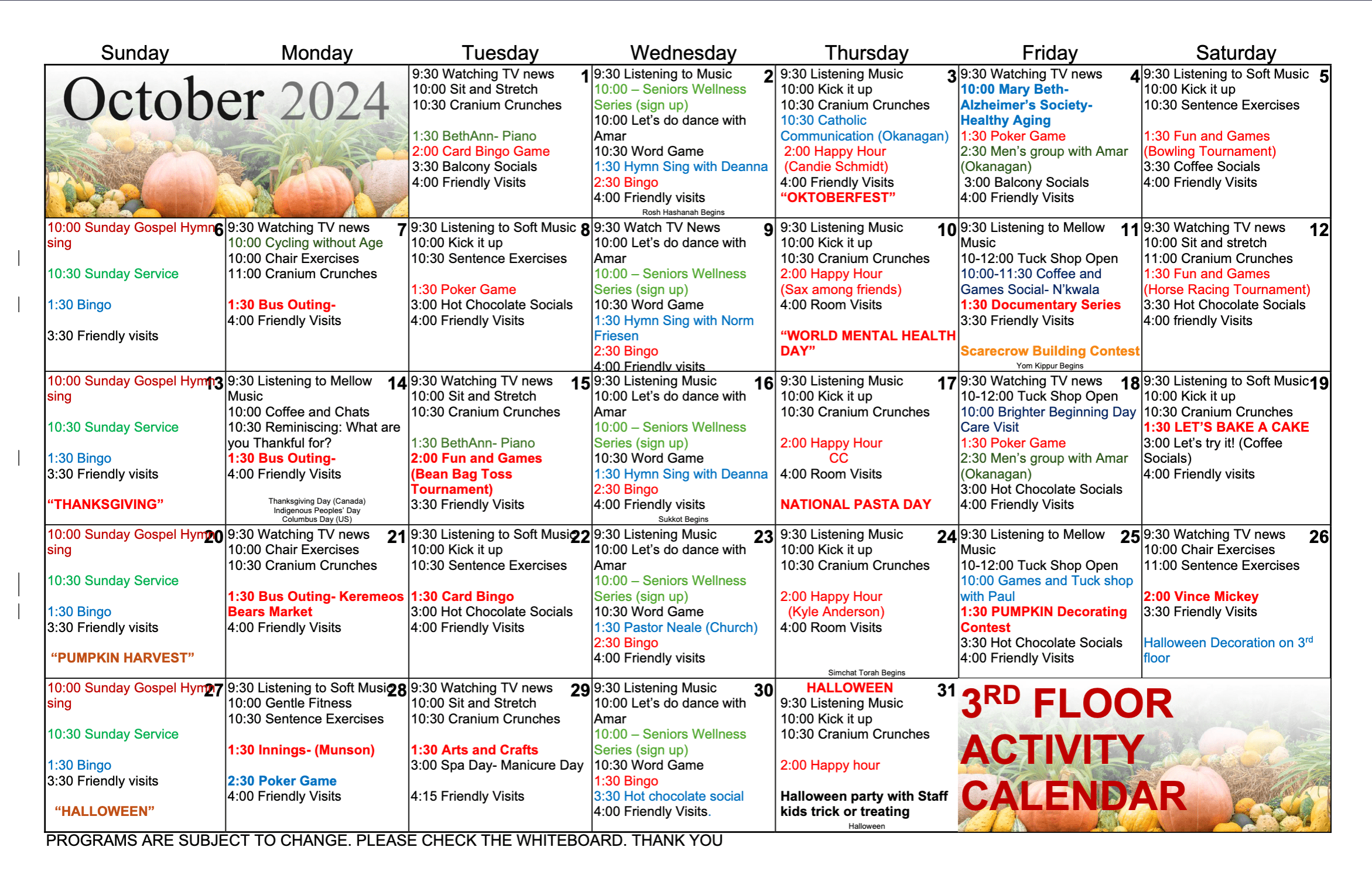 Hamlets Penticton October 2024 3rd floor event calendar