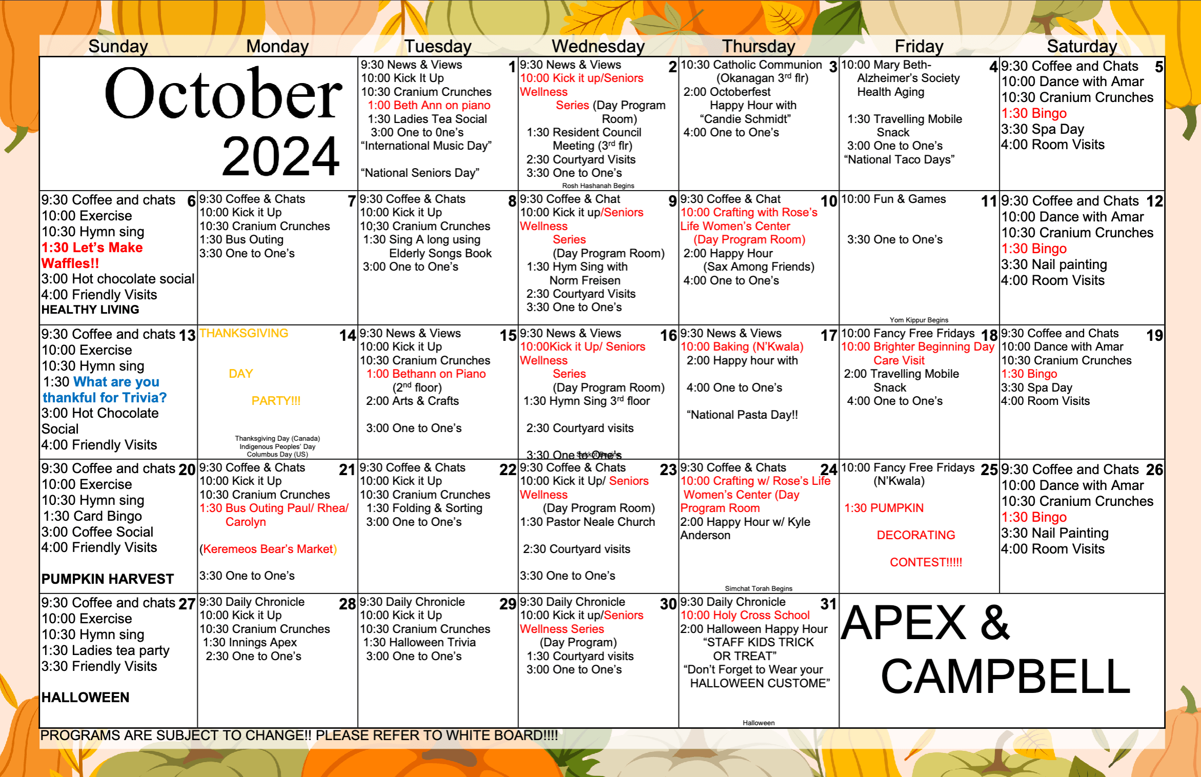 Hamlets Penticton October 2024 Apex and Campbell event calendar