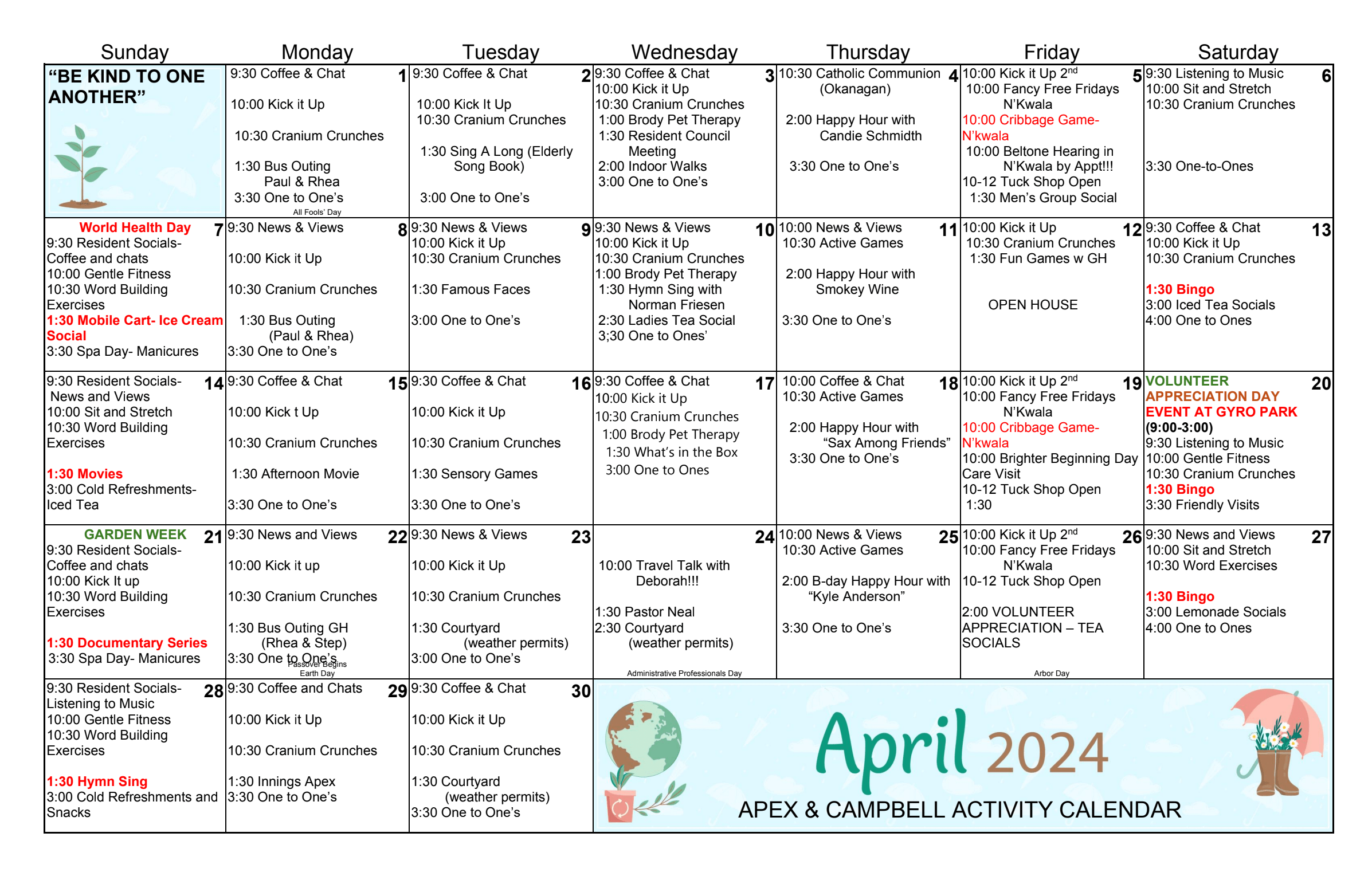 the Hamlets at Penticton April 2024 2nd floor event calendar