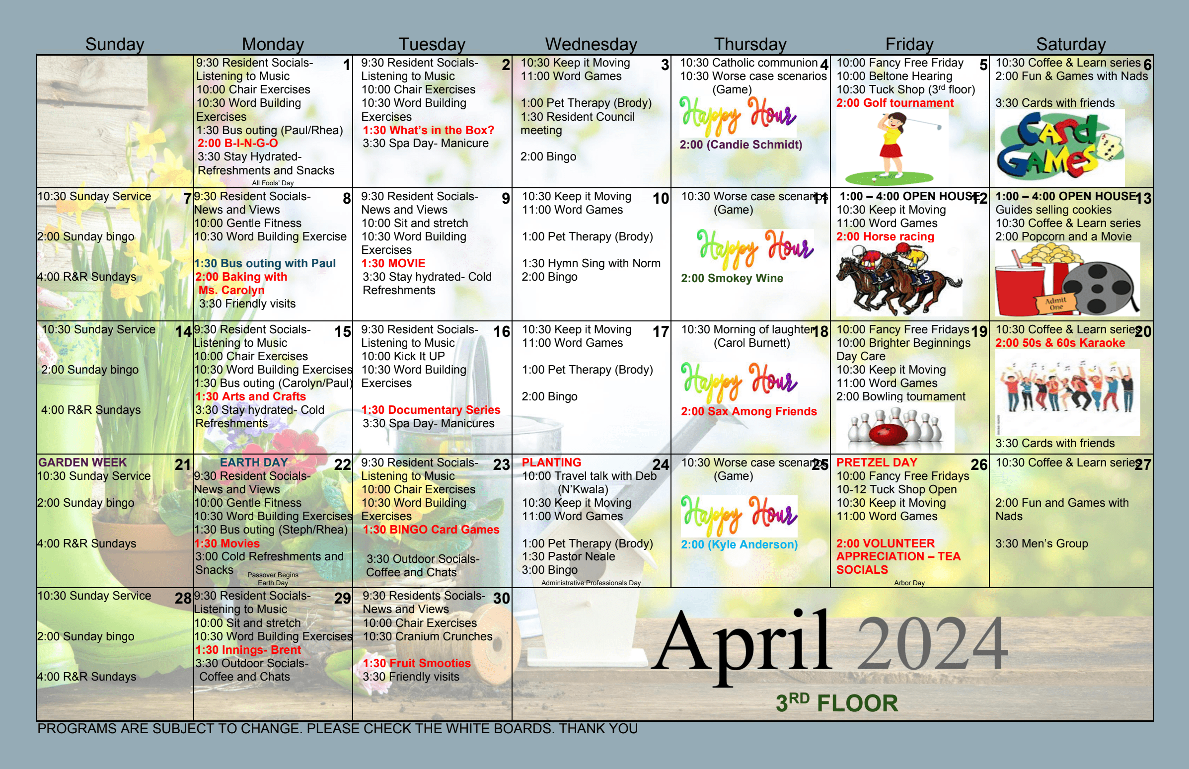 the Hamlets at Penticton April 2024 3rd floor event calendar