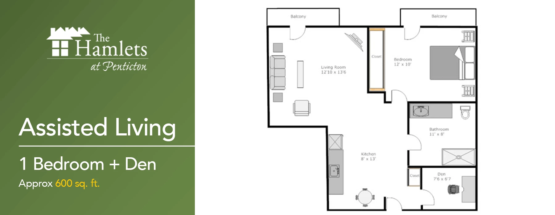 One bedroom with a den plan senior apartments example